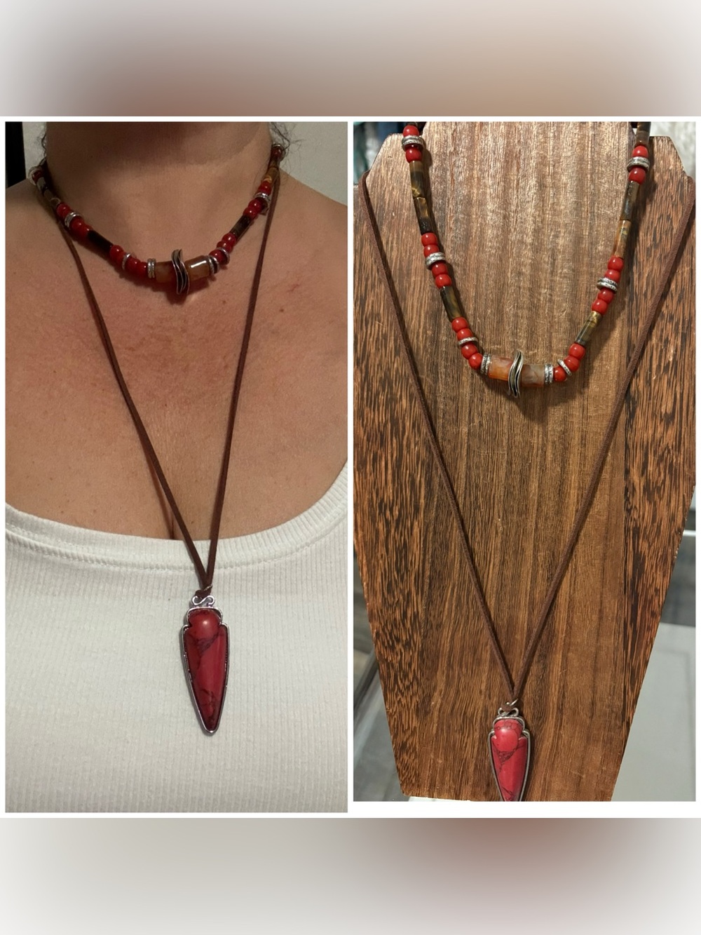 Free People Red Bead Choker  & handmade arrow Pendant on Brown Cord set